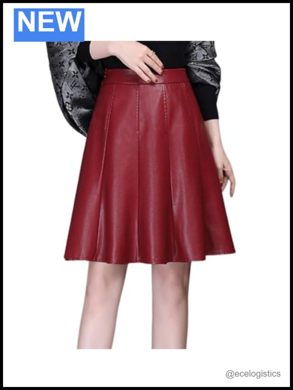 Faux Leather Pleated Skirt High Waisted A-Line Knee Length Business Casual Midi
